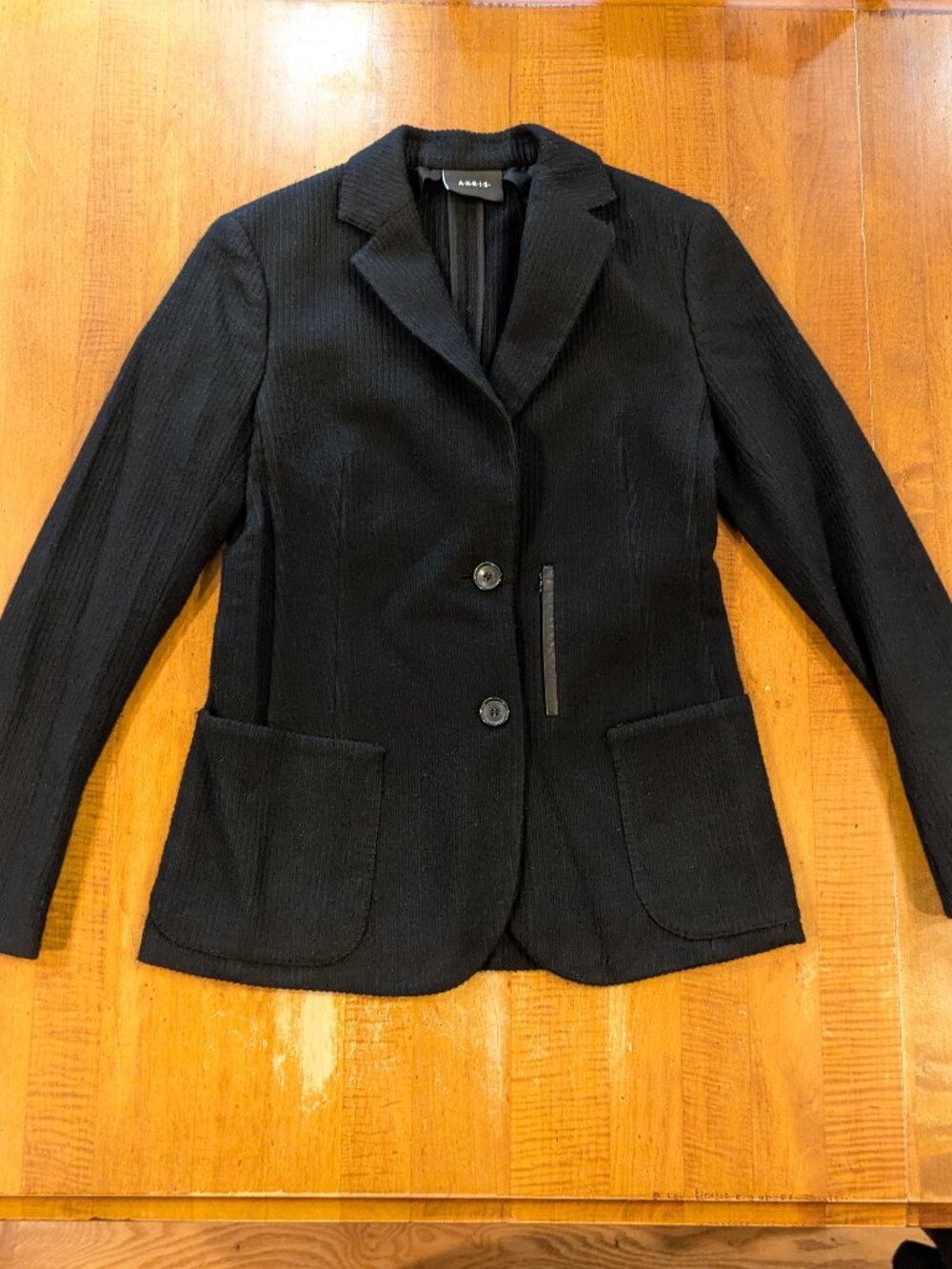 Akris Black Cashmere Blazer Jacket Sz 6 Notch Textured Knit Leather Trim Unlined